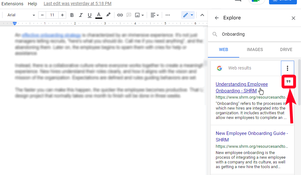 Citando um resultado da web como nota de rodapé com a ferramenta Explorar do Google Docs