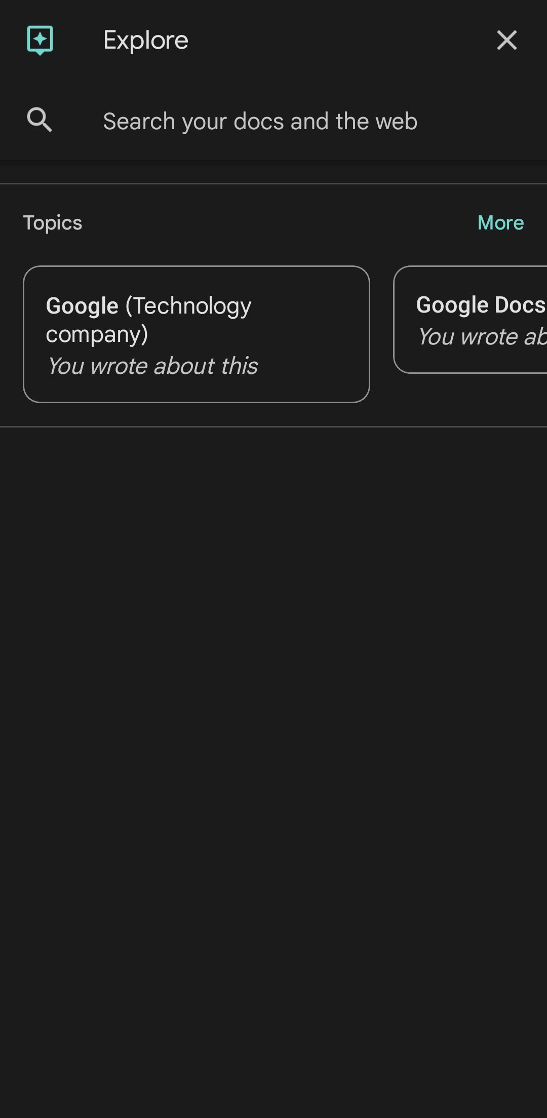 A barra de pesquisa Explorar no aplicativo móvel Google Docs mostra os resultados da pesquisa