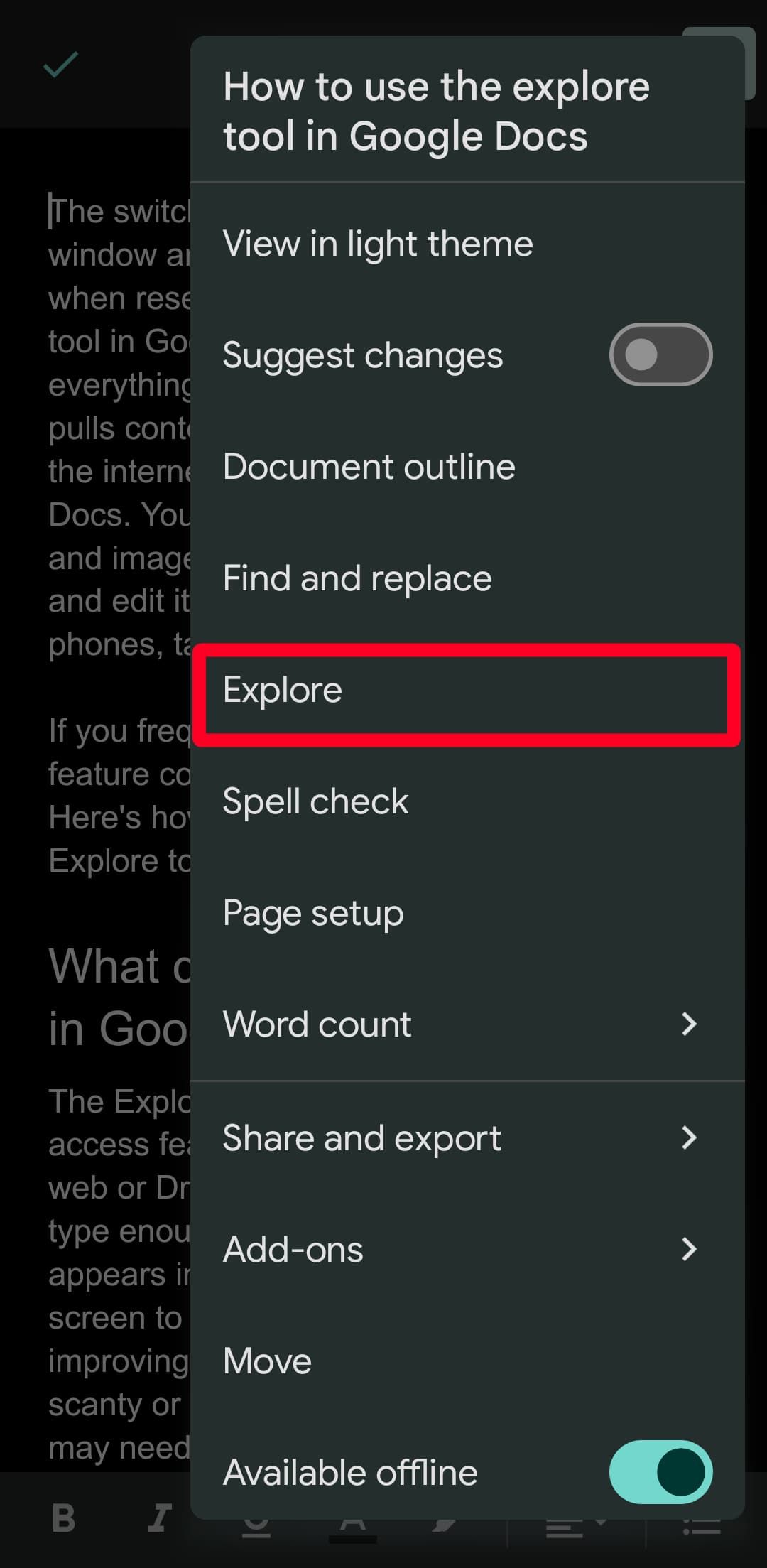 Selecione a opção Explorar no menu do aplicativo móvel Google Docs