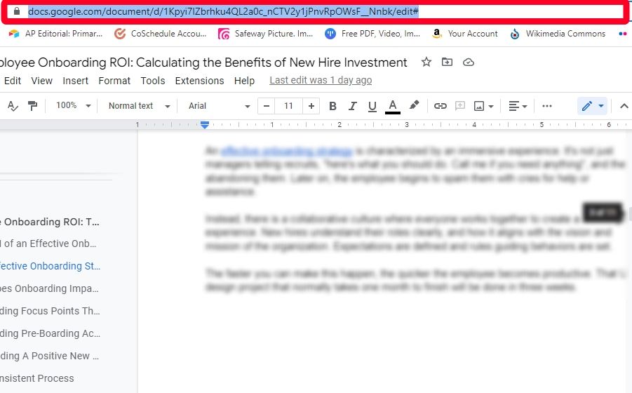 Copiando um link de documento do Google Docs da barra de endereço do Chrome