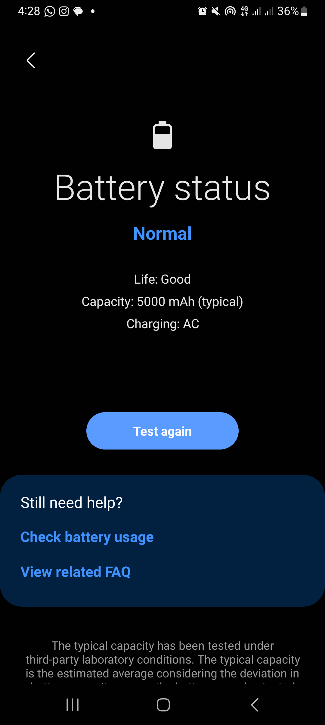 Captura de tela do menu de status da bateria no aplicativo Samsung Members