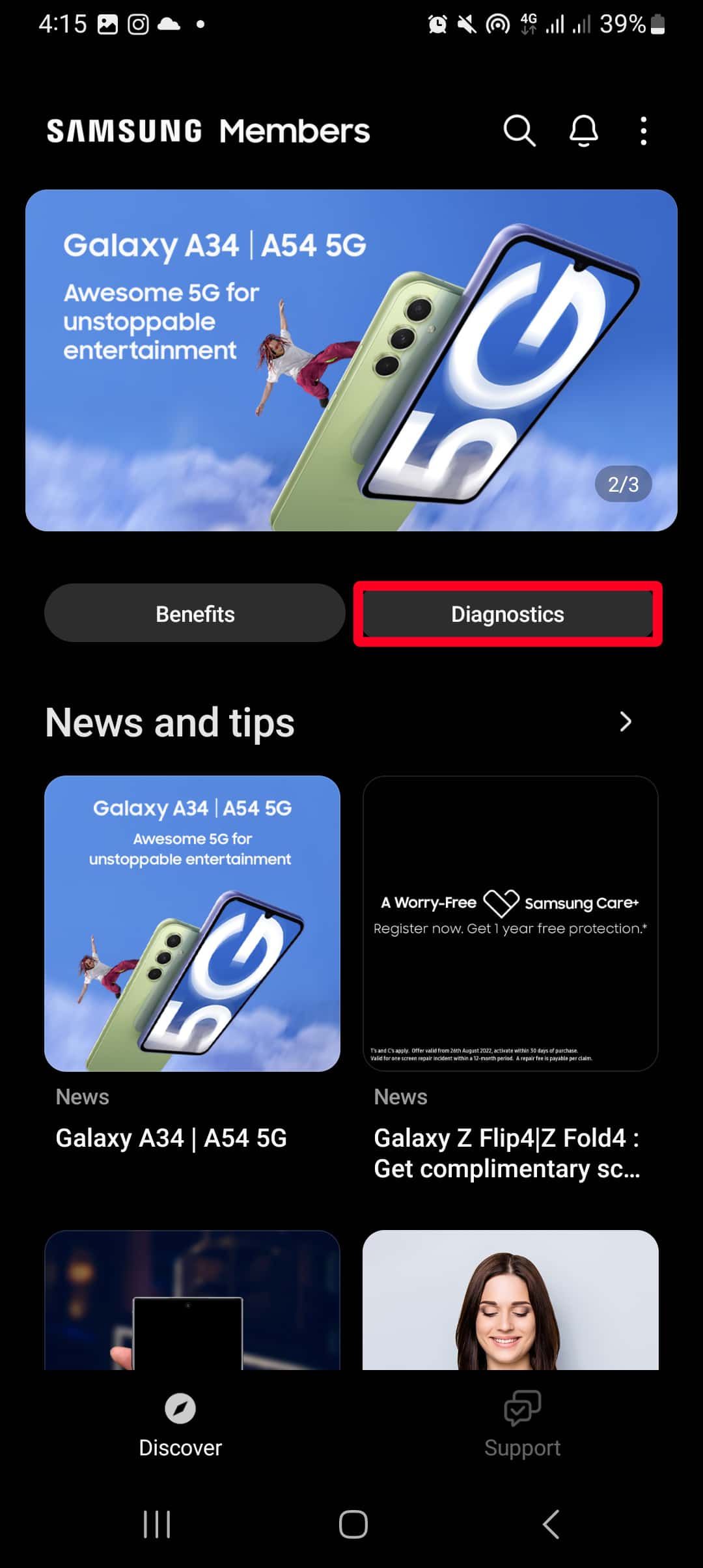 Captura de tela do menu Discover no aplicativo Samsung Members