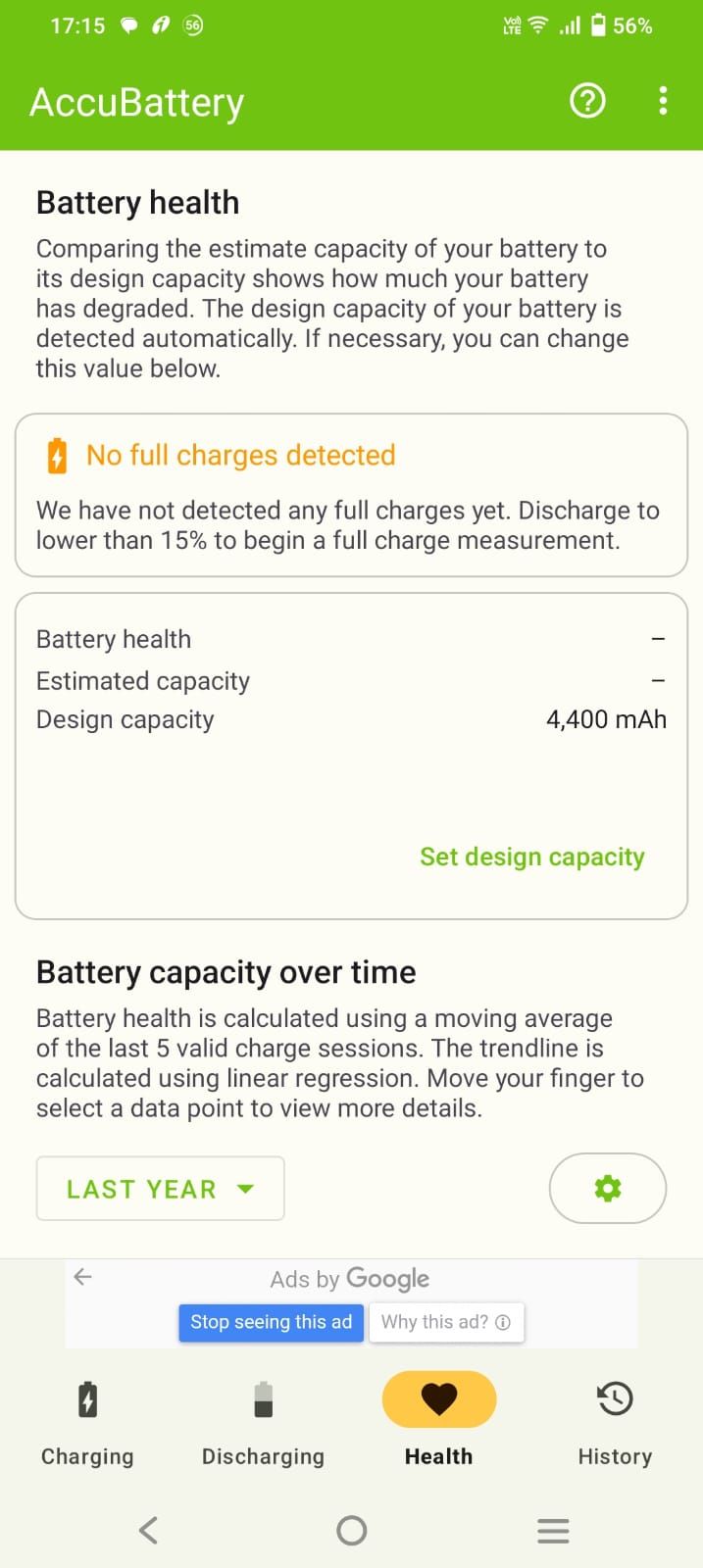 Captura de tela do aplicativo Accubattery destacando detalhes de integridade da bateria