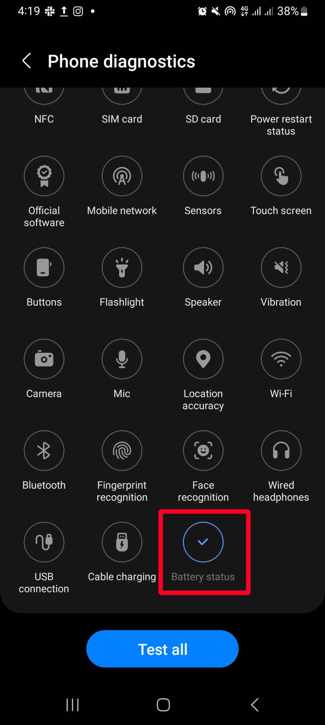 Captura de tela do menu de diagnóstico do telefone no aplicativo Samsung Members