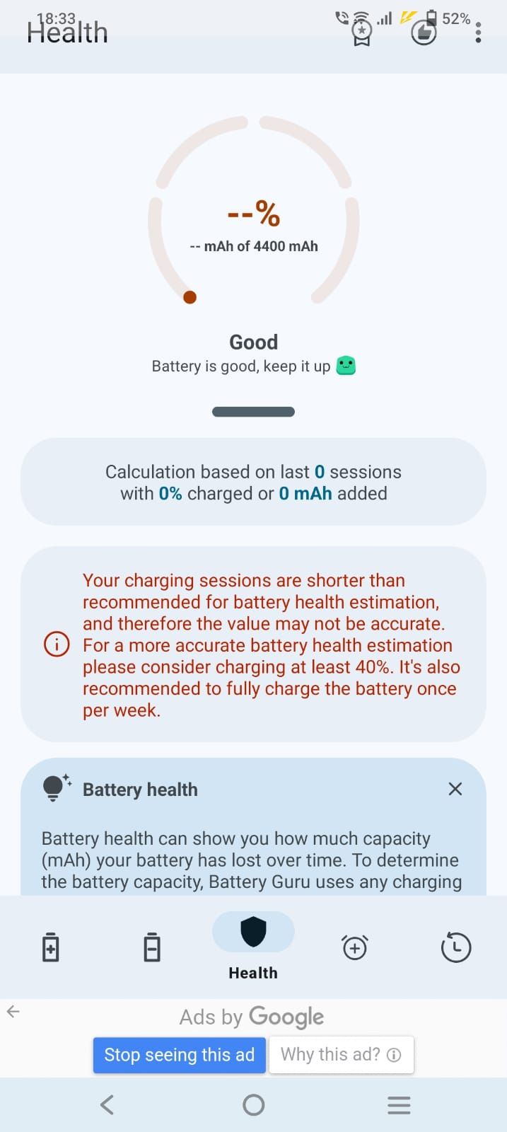 Captura de tela da seção de integridade da bateria no Battery Guru