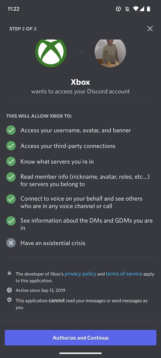 captura de tela do aplicativo discord mostrando permissões para conectar a conta do Xbox