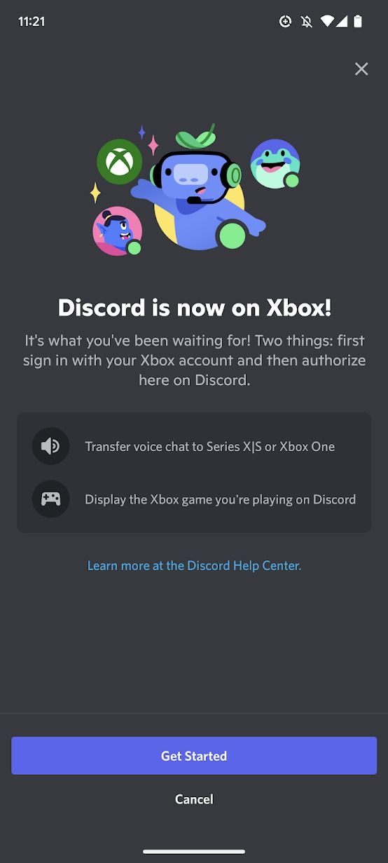 captura de tela do aplicativo discord mostrando a página inicial do recurso de conexão do Xbox