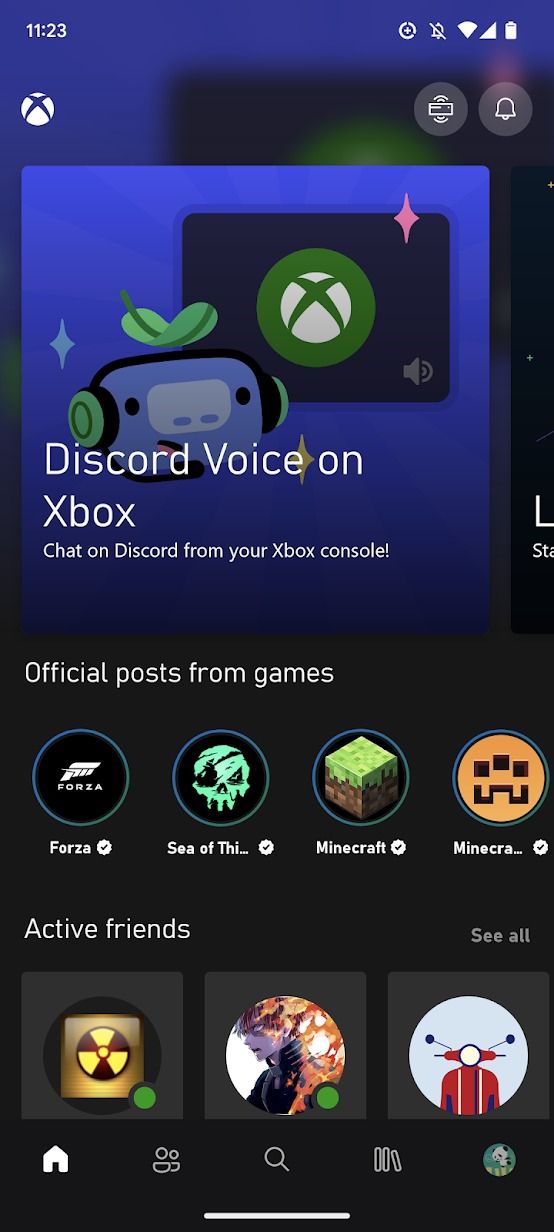 captura de tela da página inicial do aplicativo Xbox