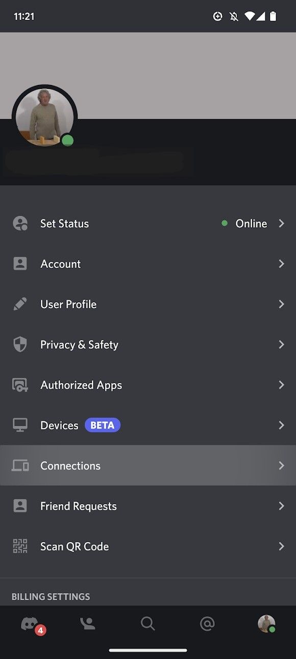 captura de tela do aplicativo discord mostrando o menu de configurações