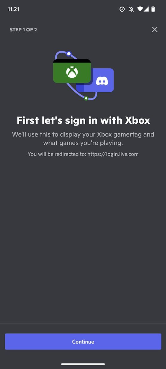 captura de tela do aplicativo discord mostrando a página de login da conta Xbox