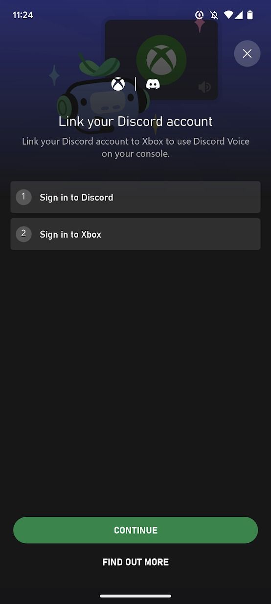 captura de tela do aplicativo Xbox mostrando a página inicial da conexão discord