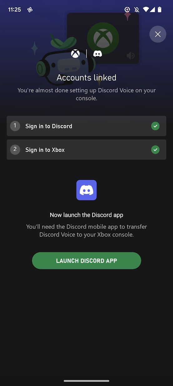 captura de tela do aplicativo Xbox mostrando a confirmação para conectar contas Discord e Xbox