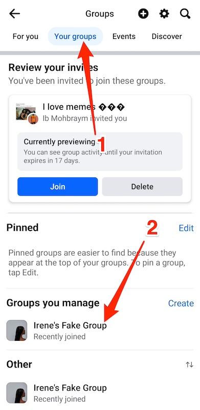 Menu de grupos no aplicativo do Facebook