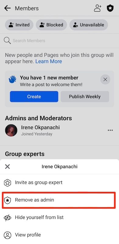 Removendo um administrador do grupo do Facebook no aplicativo