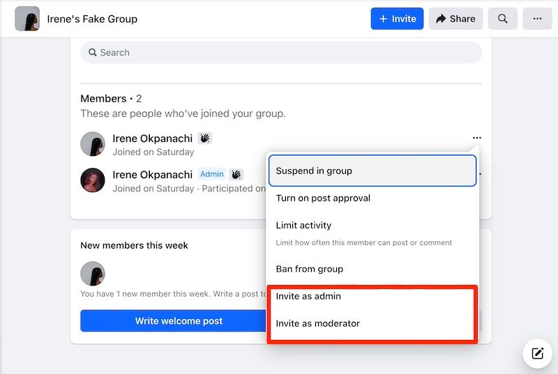 Opções para convidar pessoas como administrador ou moderador em grupo do Facebook