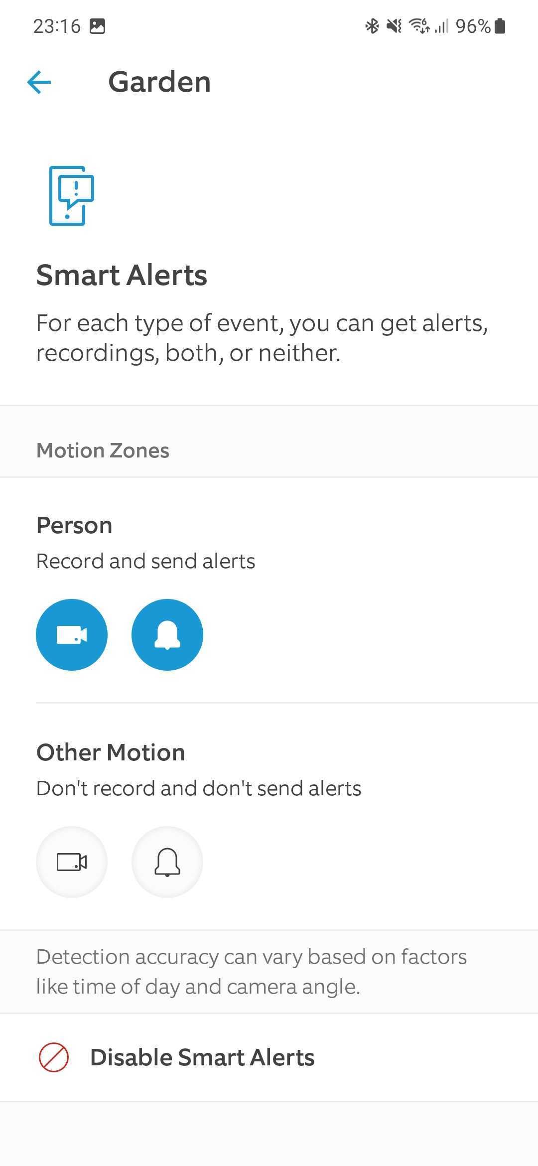Captura de tela do aplicativo Ring mostrando as configurações do Smart Alert
