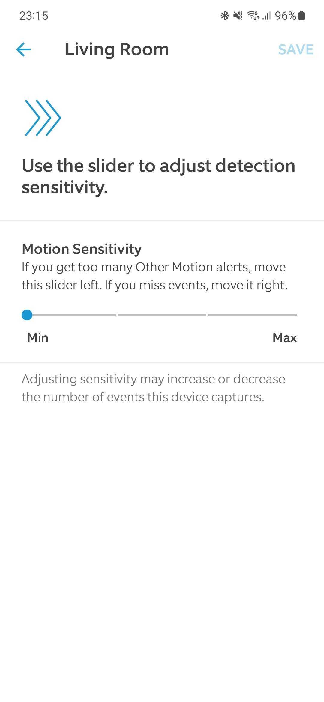 Captura de tela do aplicativo Ring mostrando as configurações de sensibilidade ao movimento