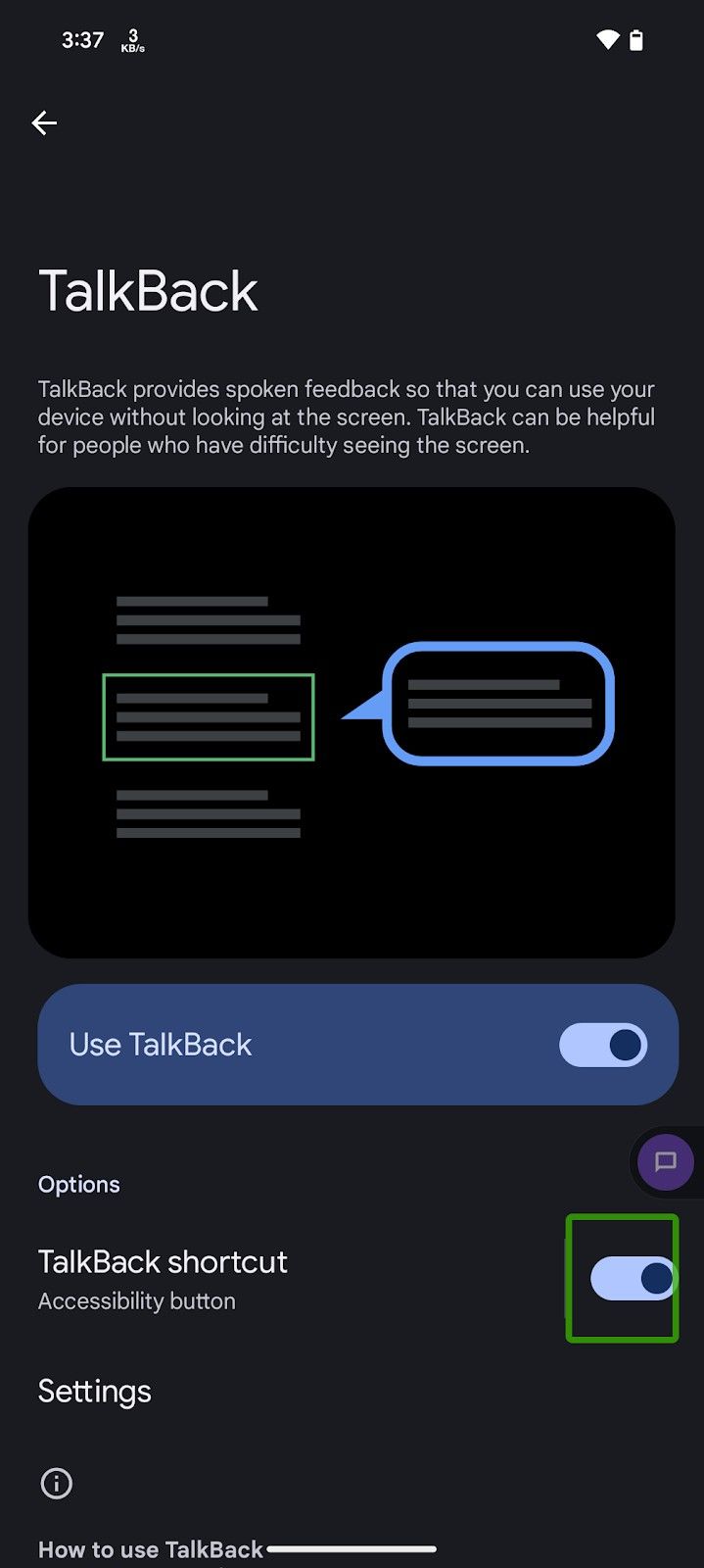 Configurações do Google Pixel TalkBack com atalho do TalkBack ativado