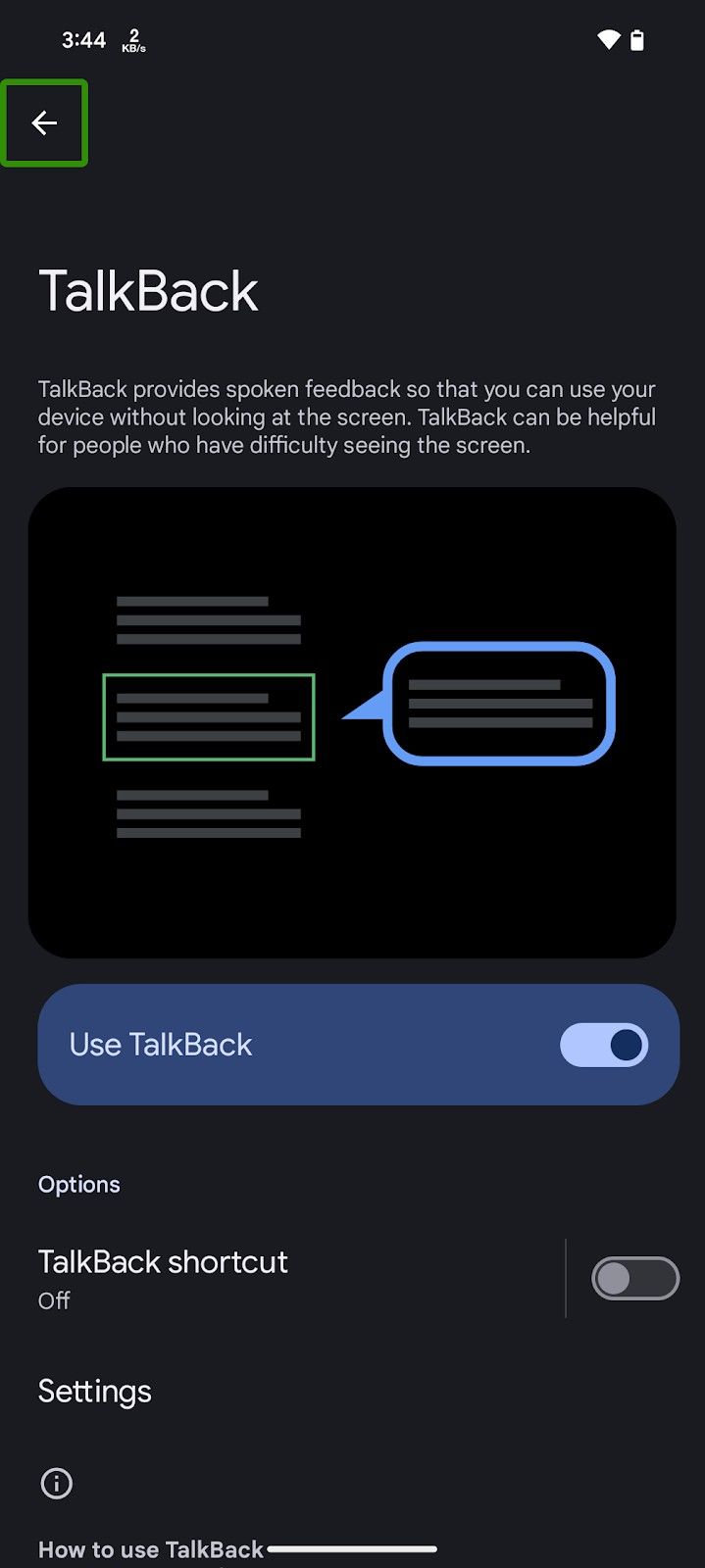 Configurações do TalkBack do Google Pixel
