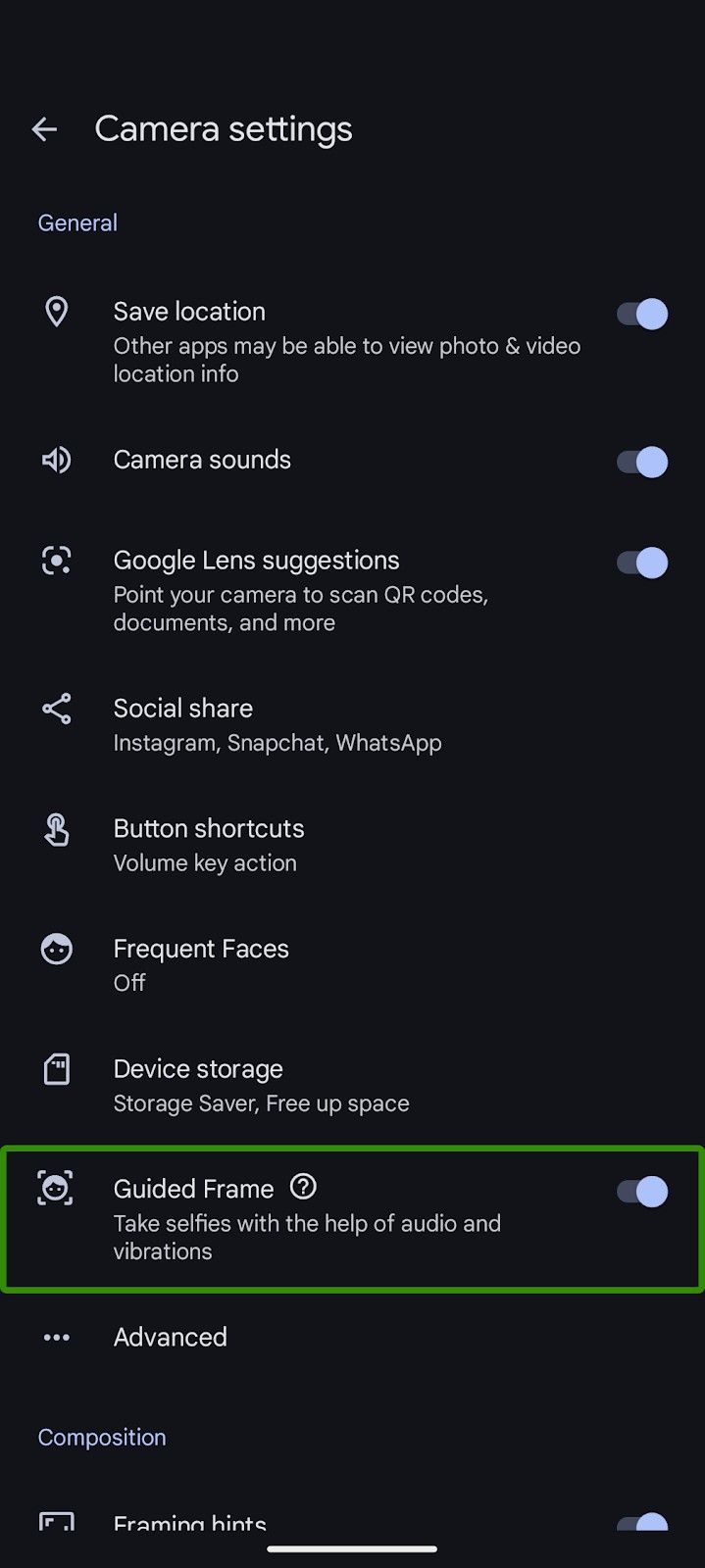 Configurações da câmera do Google Pixel com quadro guiado ativado