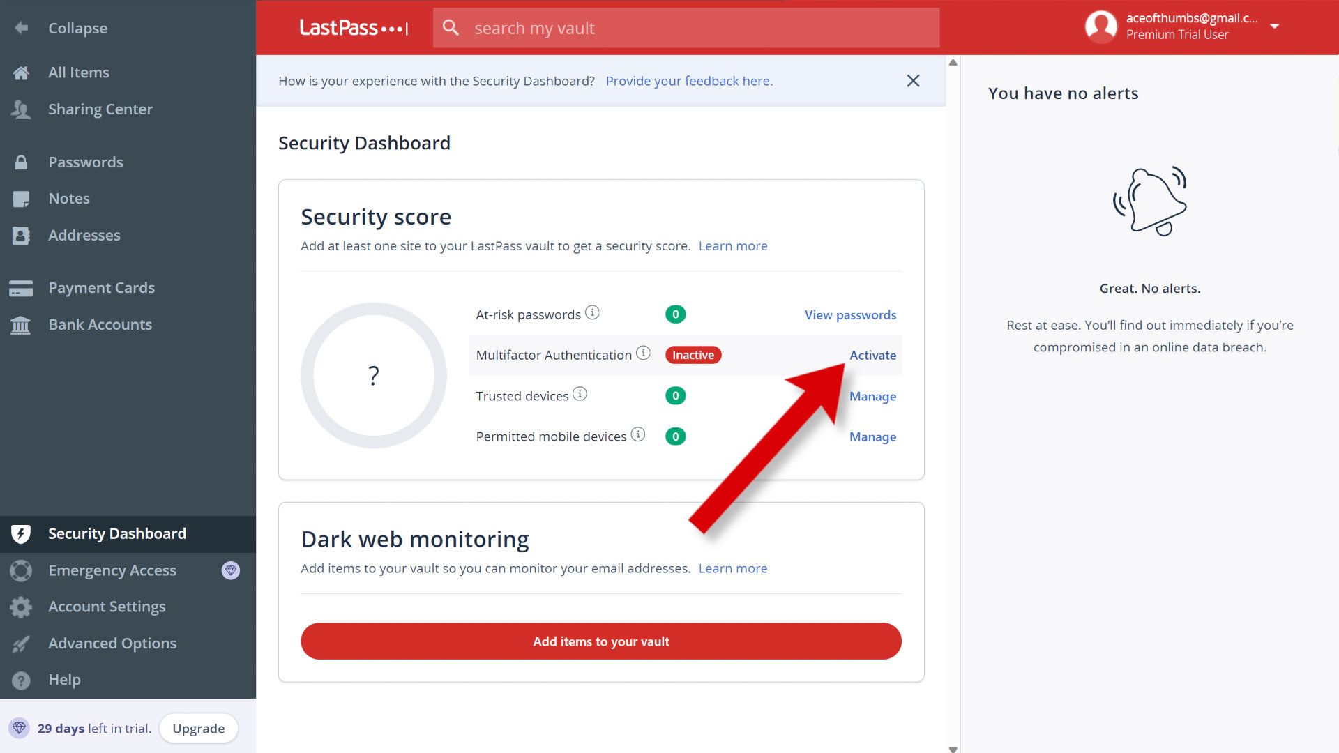 Uma captura de tela do LastPass mostrando o painel de segurança e o status multifator.