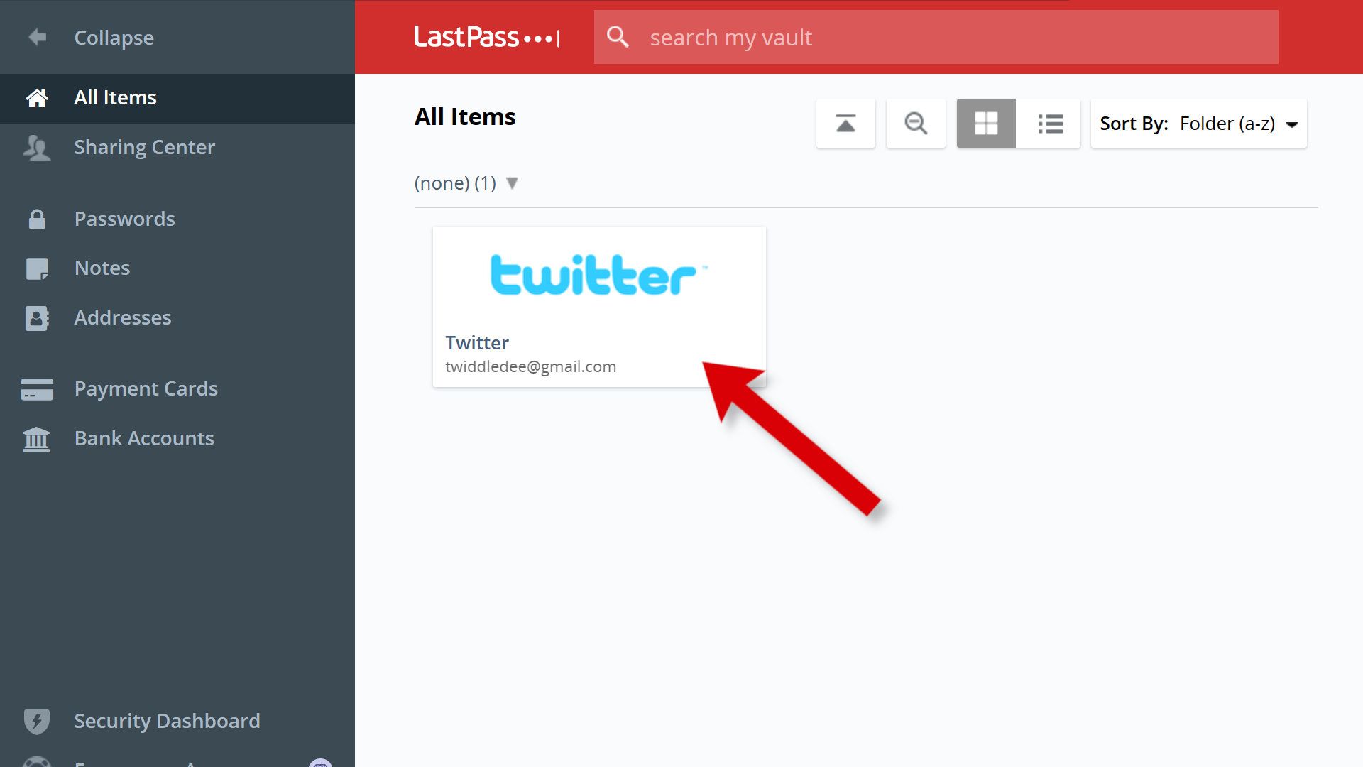 Uma captura de tela do LastPass mostrando como iniciar um site a partir do cofre.