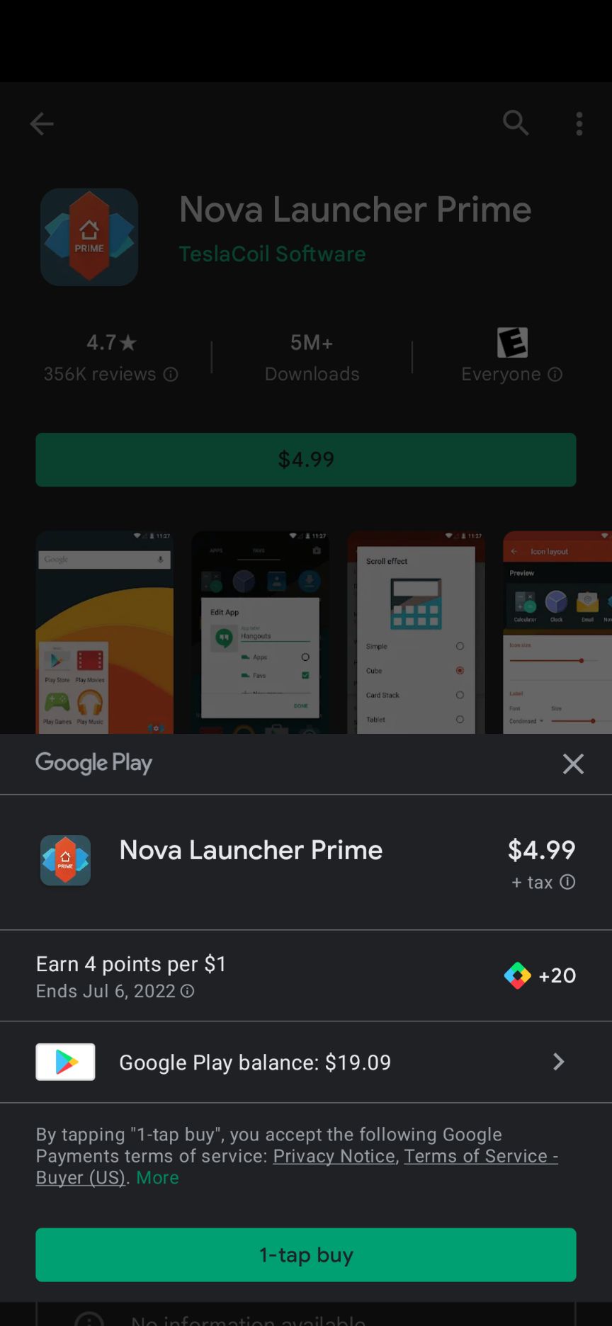 A página de compra do Nova Launcher Prime na Google Play Store.