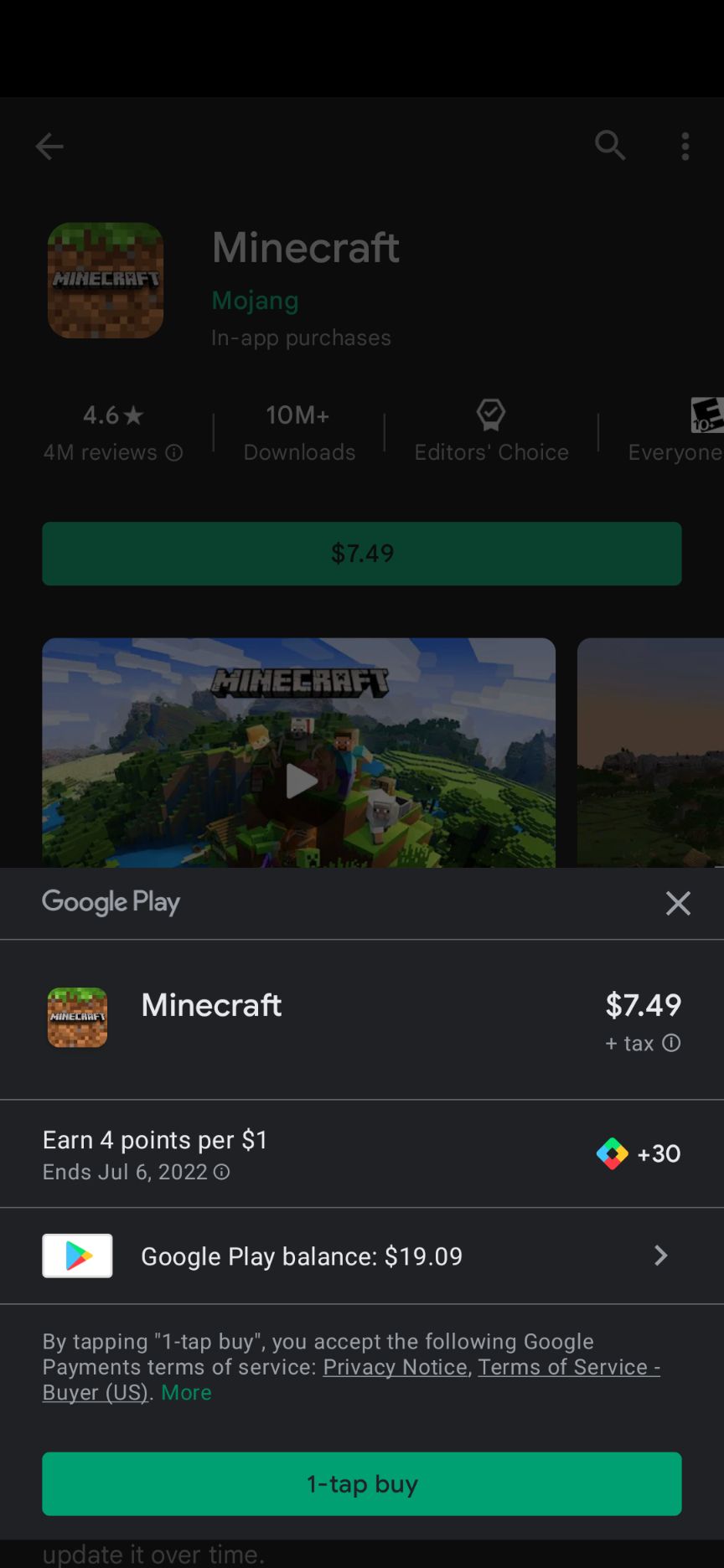 A página de compra do aplicativo Google Play Store para Minecraft.