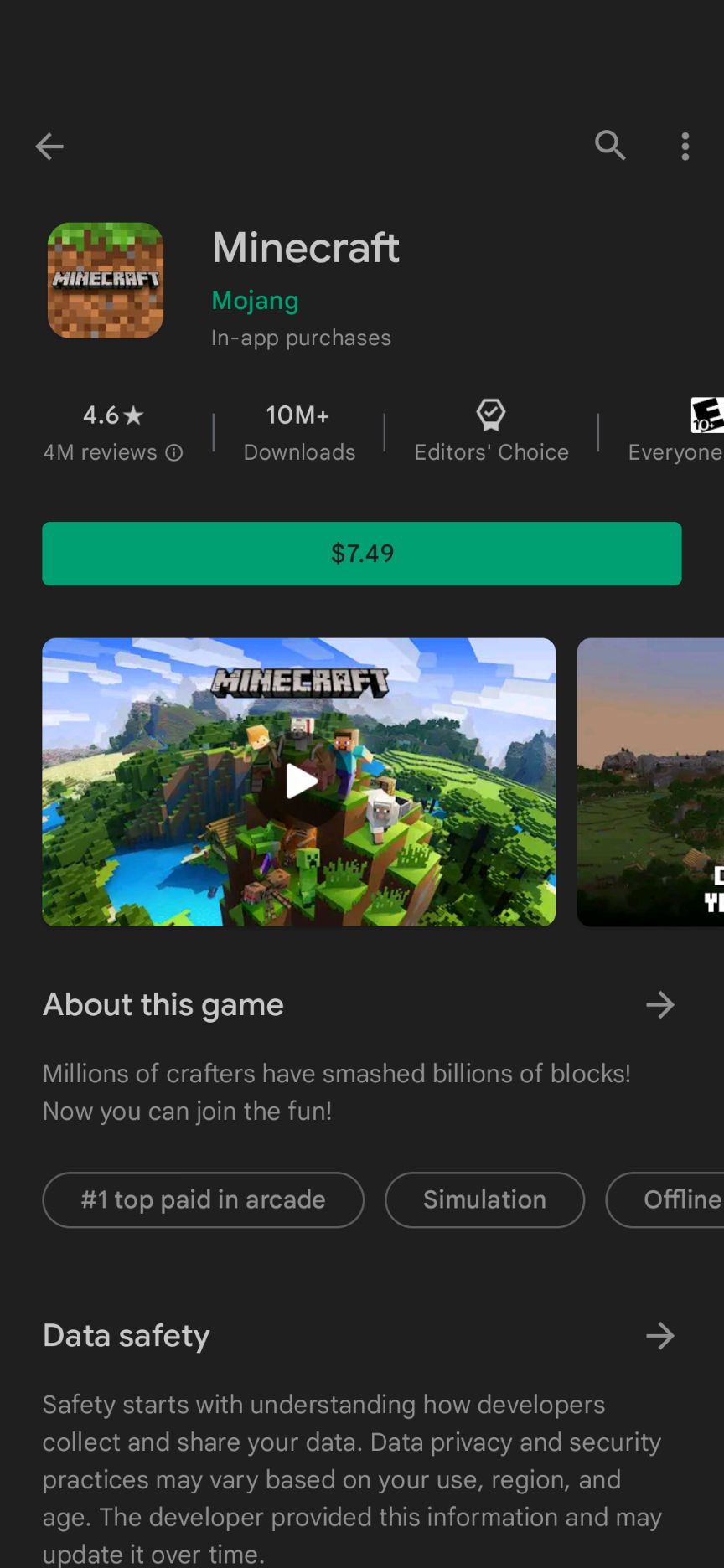 A lista de jogos Minecraft do aplicativo Google Play Store.