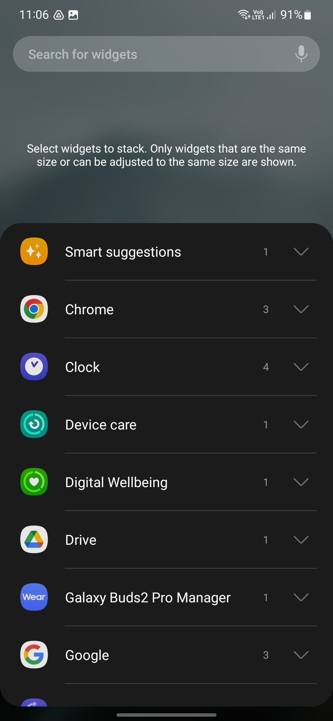 Captura de tela do One UI 5: selecione o widget para empilhar