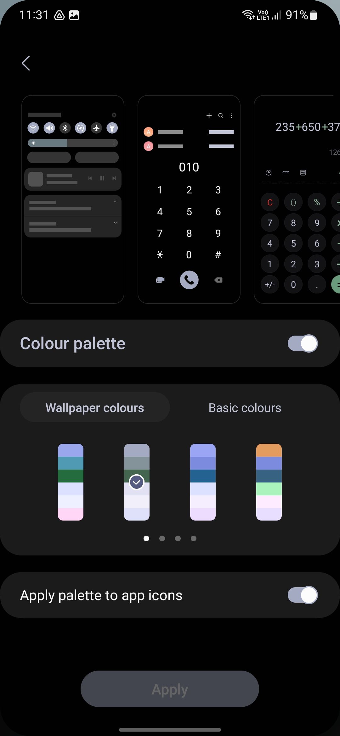 As opções de paleta de cores em One UI em um telefone Samsung