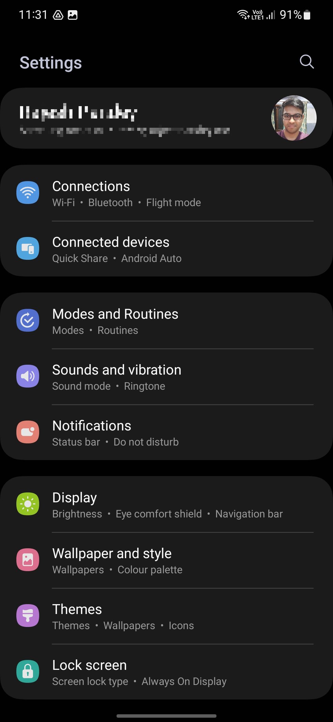 Captura de tela do menu Configurações do One UI 5