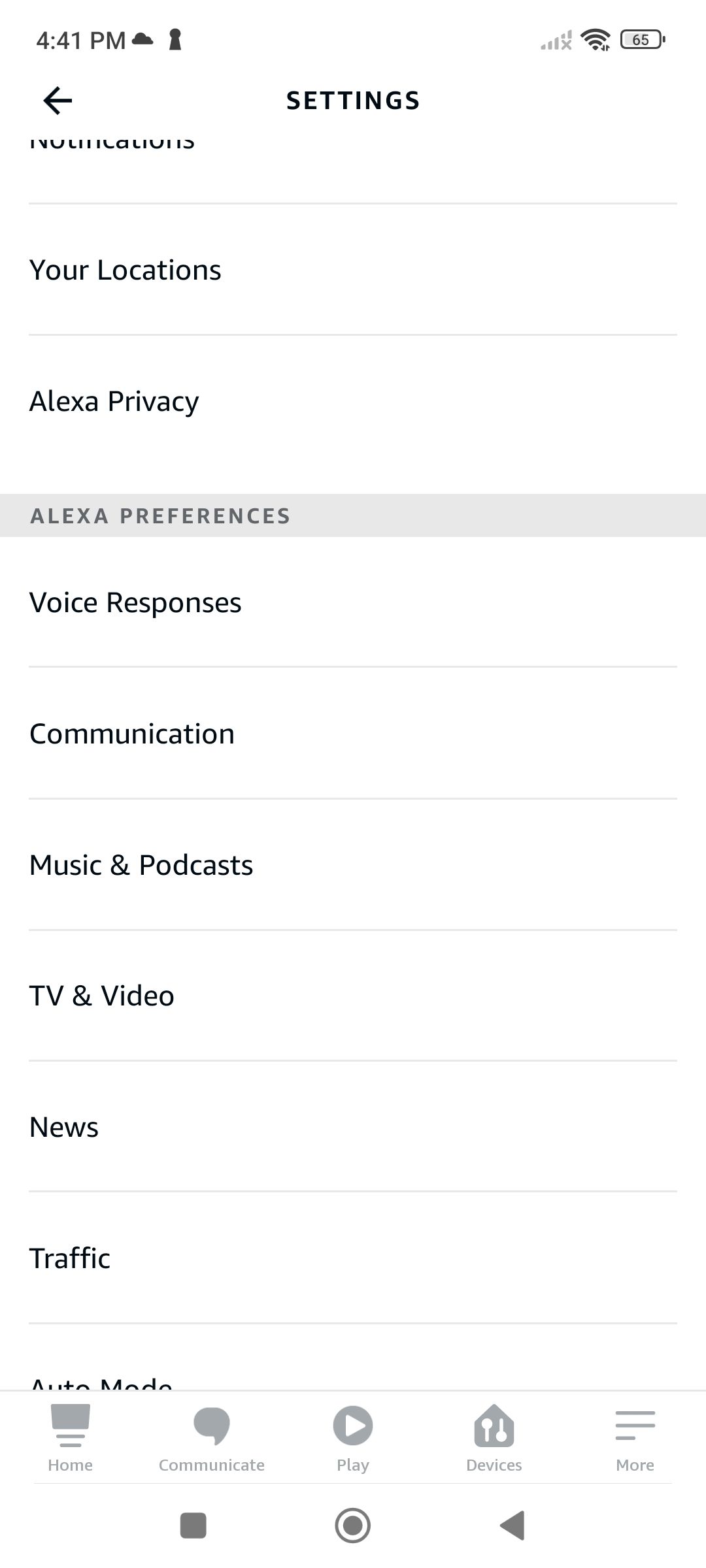 A página de configurações do aplicativo Amazon Alexa.