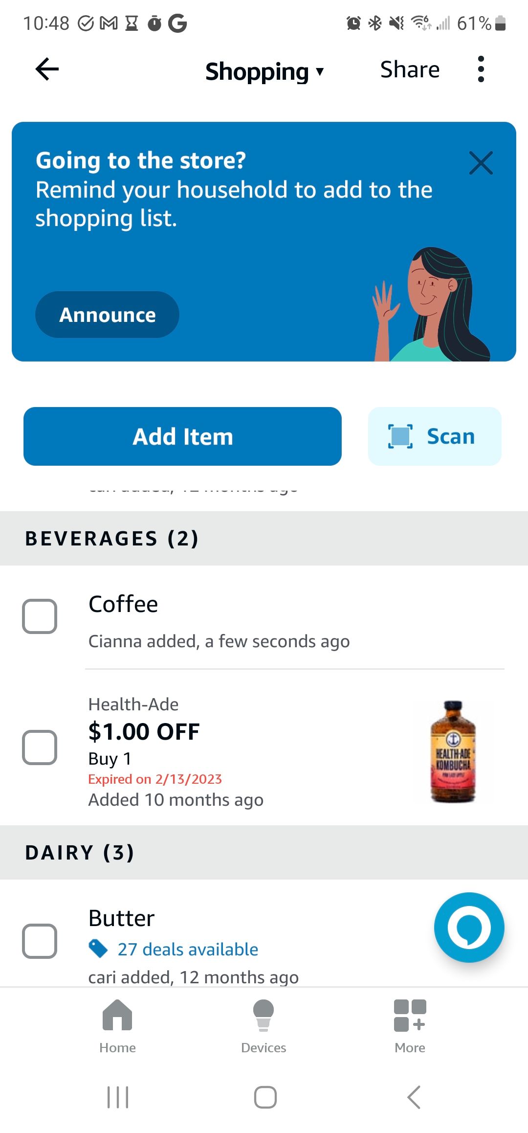 Uma captura de tela da lista de compras do aplicativo Amazon Alexa de alguém.