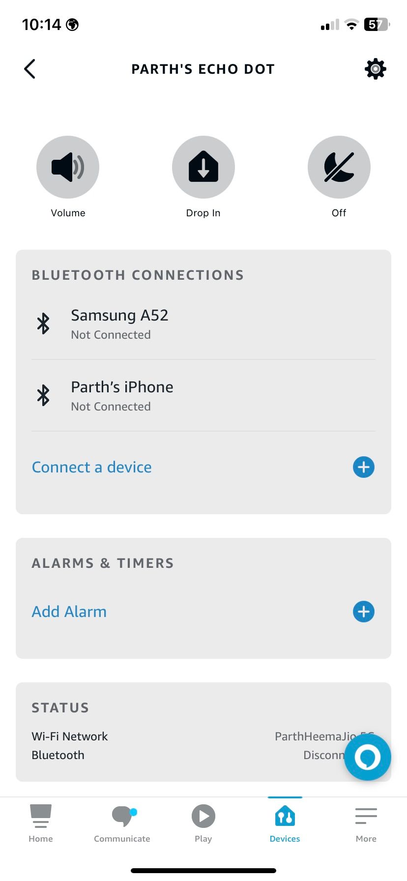 Uma captura de tela da página de configurações do dispositivo Amazon Alexa Echo.