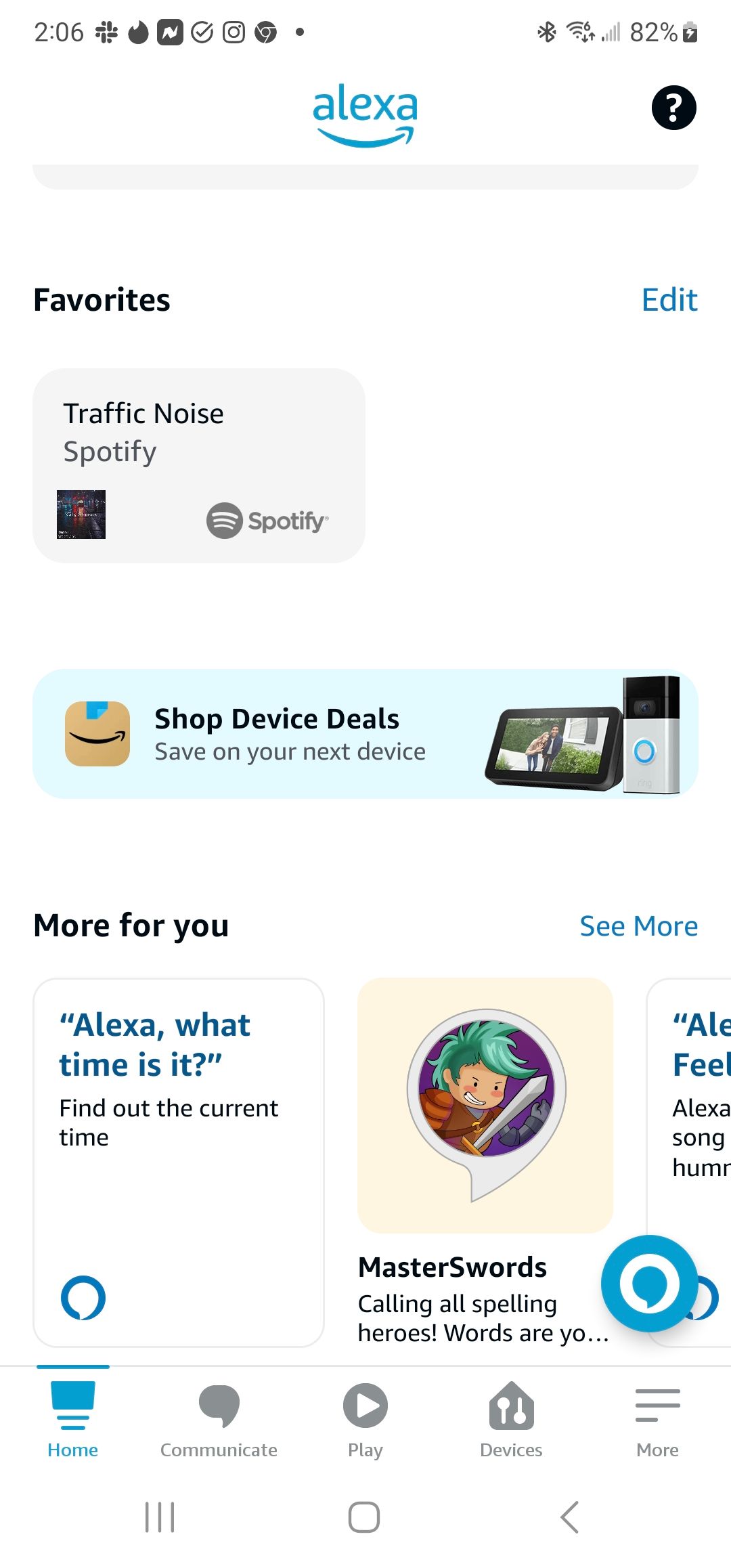 A página inicial do aplicativo Amazon Alexa.