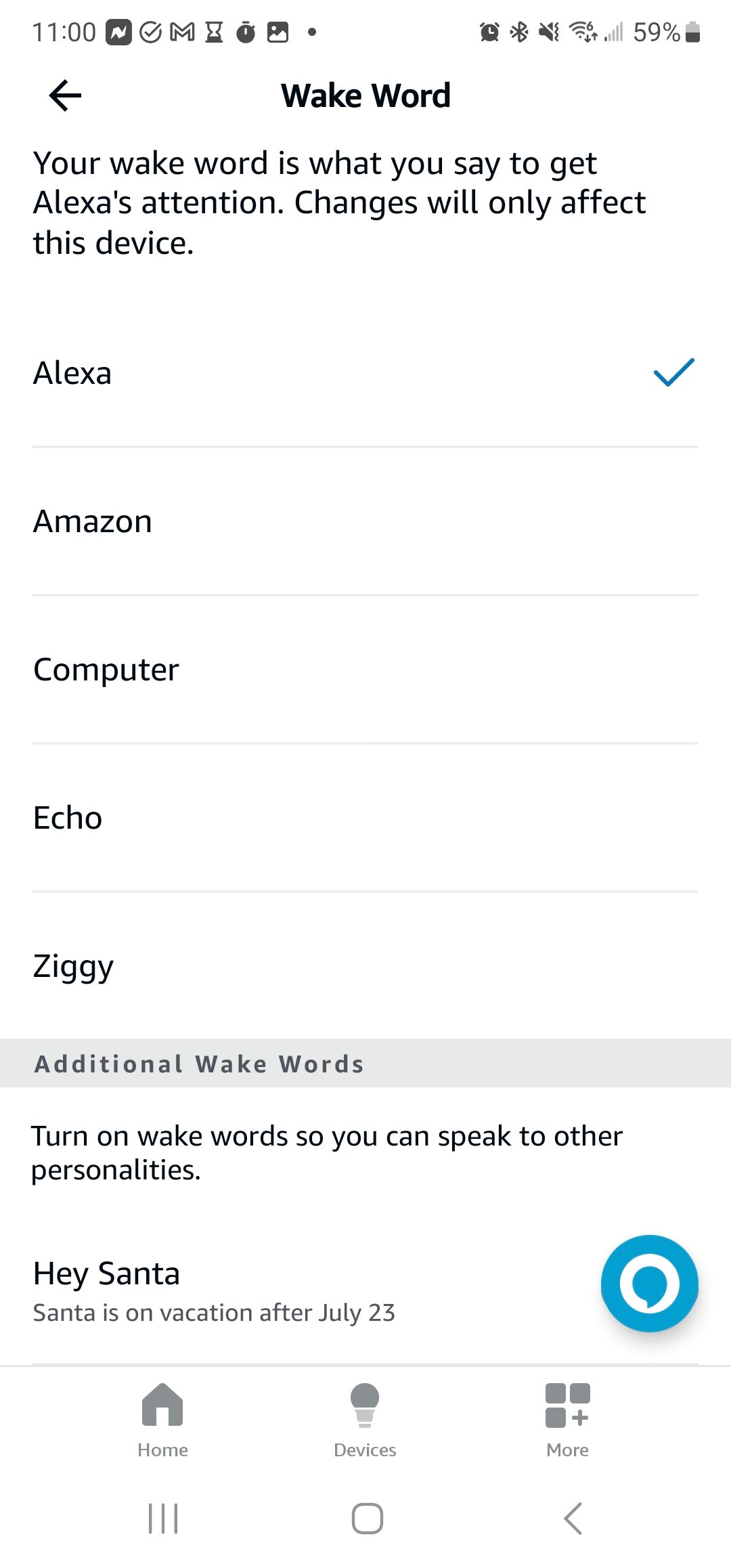 A página de alteração da palavra de ativação no aplicativo Amazon Alexa nas configurações do dispositivo Echo.