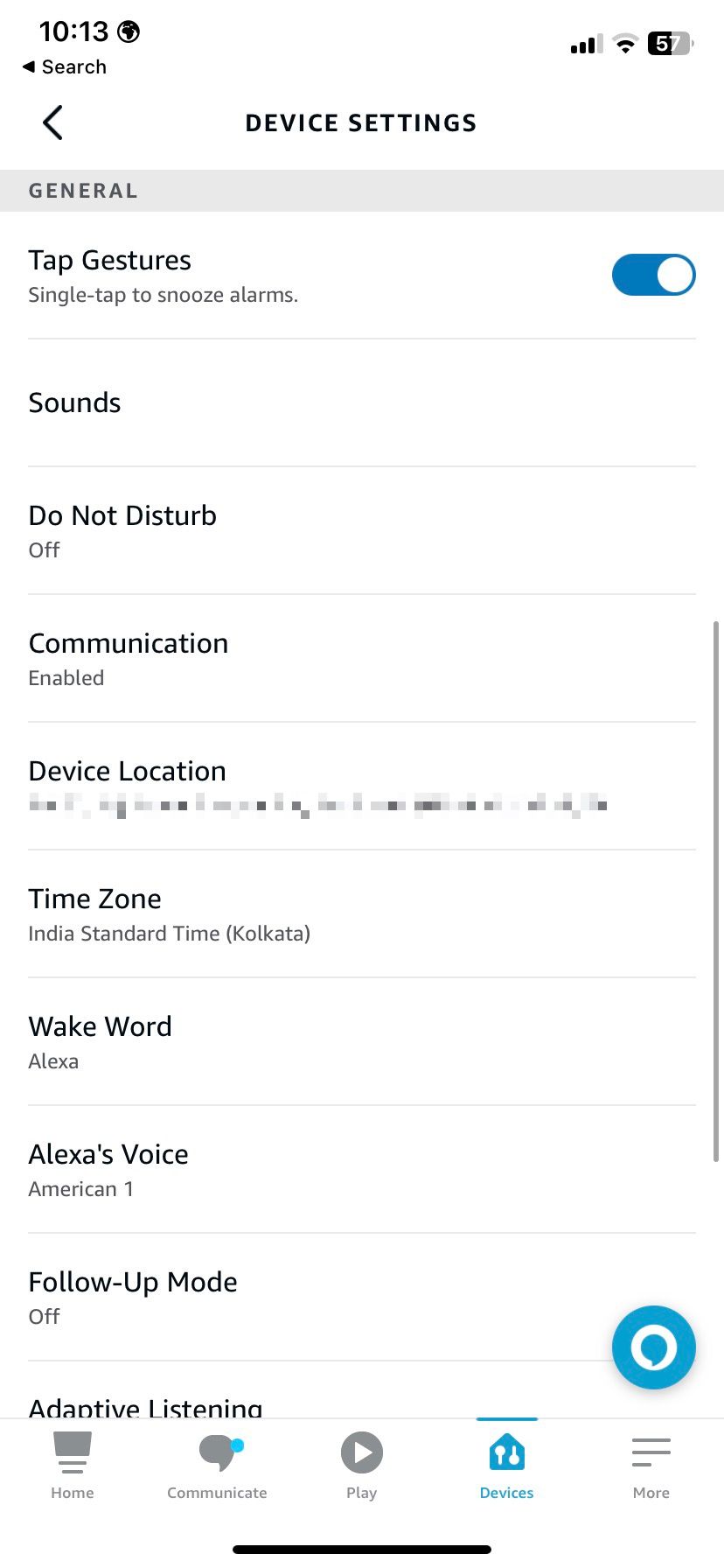 A página de configurações do dispositivo Echo do aplicativo Amazon Alexa.