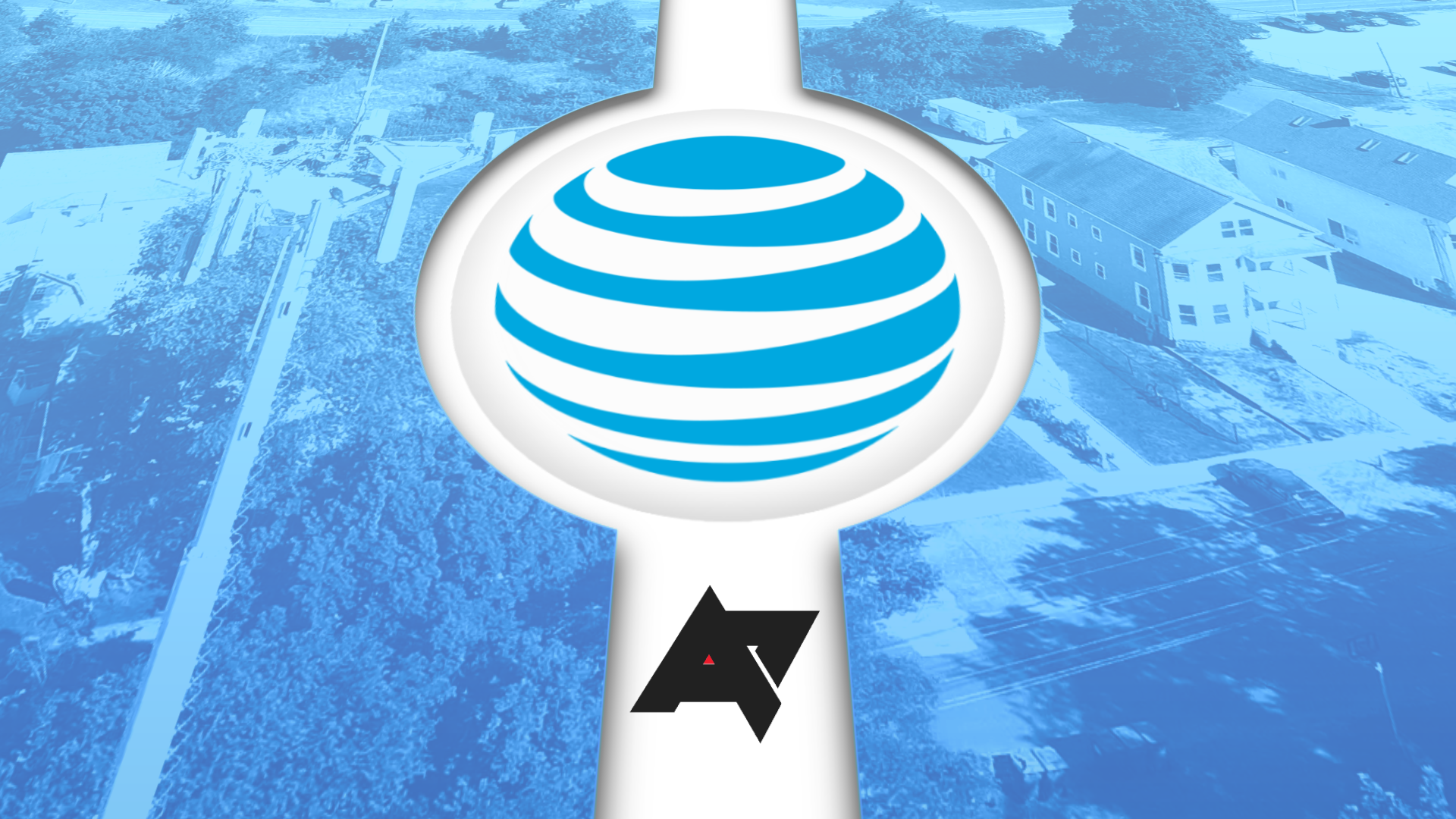 O logotipo da AT&T com a imagem de uma torre de celular ao fundo.