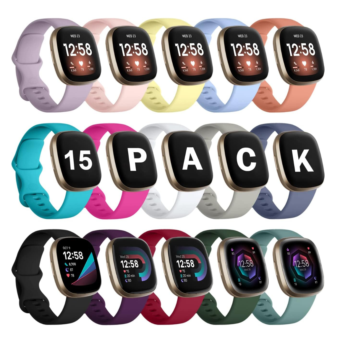Bandas GEAK 15 Pack para Fitbit Versa 4 em um fundo branco