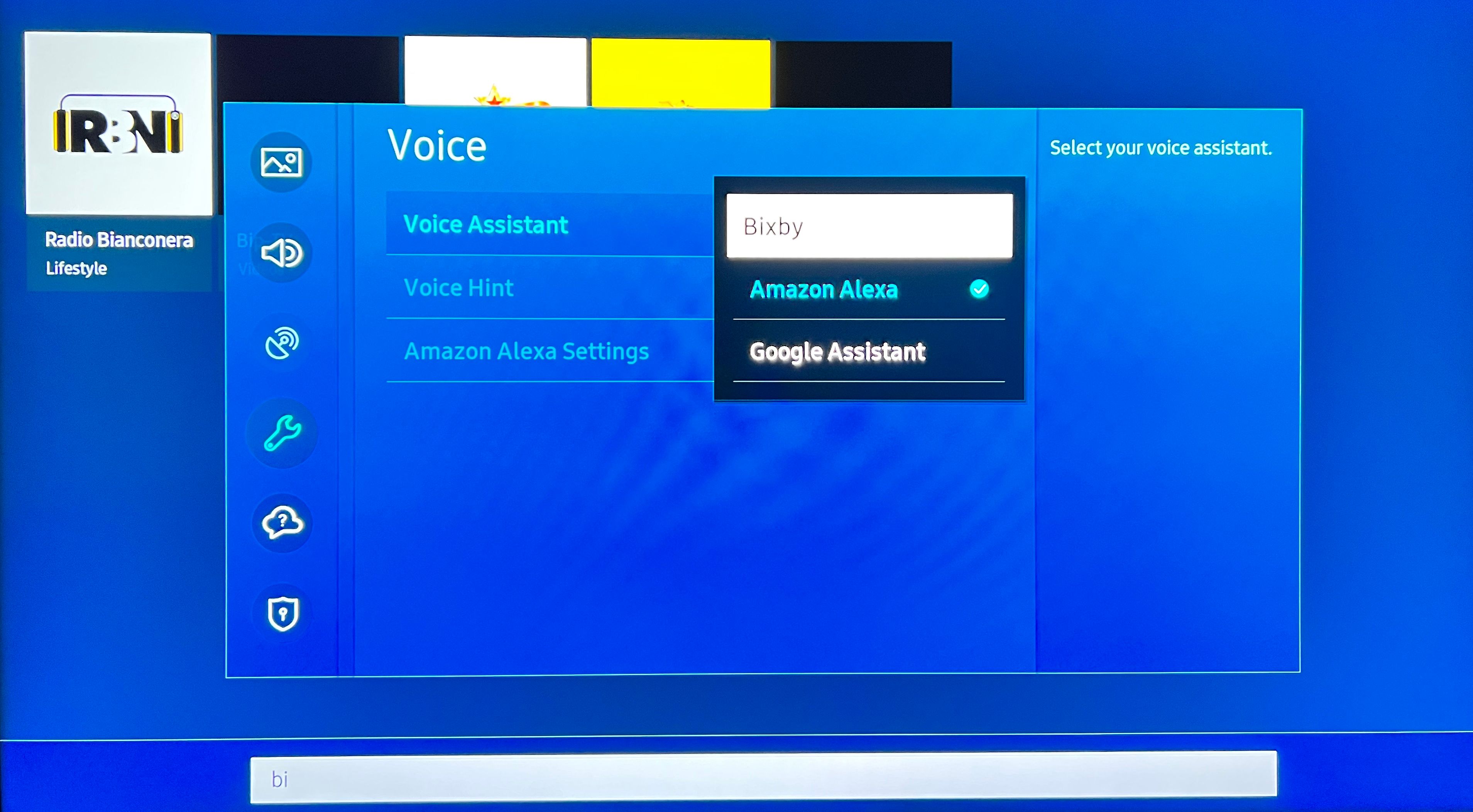 Página do assistente de voz da Samsung TV mostrando Bixby, Amazon Alexa e Google Assistant