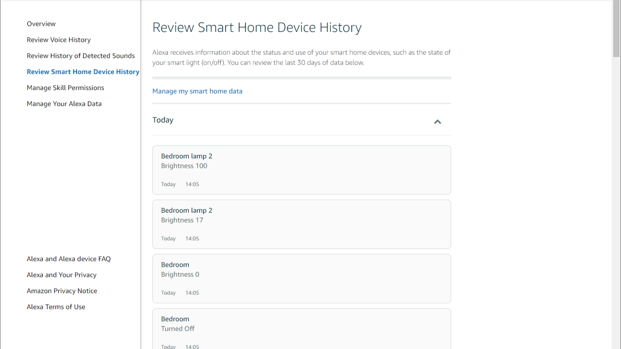 Captura de tela mostrando o histórico do Amazon Alexa Smart Home 