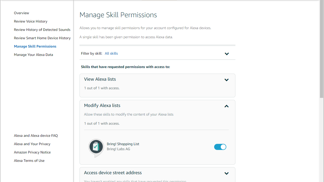 Captura de tela mostrando as permissões do Amazon Alexa Skill, com o exemplo do Bring!  aplicativo