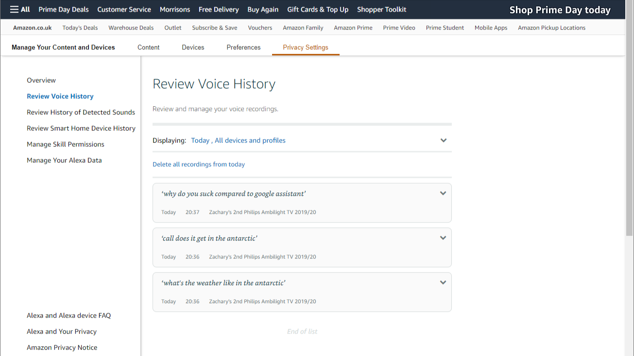 Histórico de voz da Amazon Review