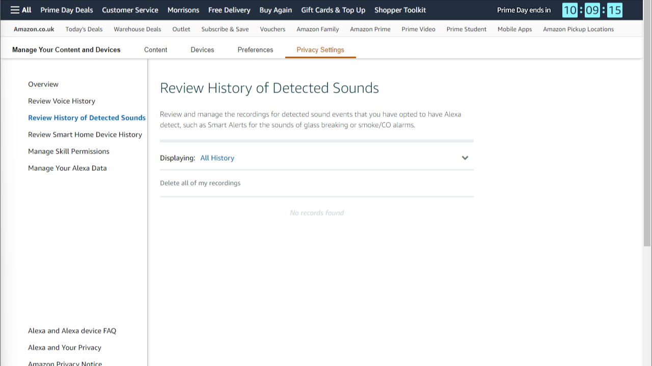 Captura de tela mostrando o histórico e as opções de retenção de sons detectados pela Alexa