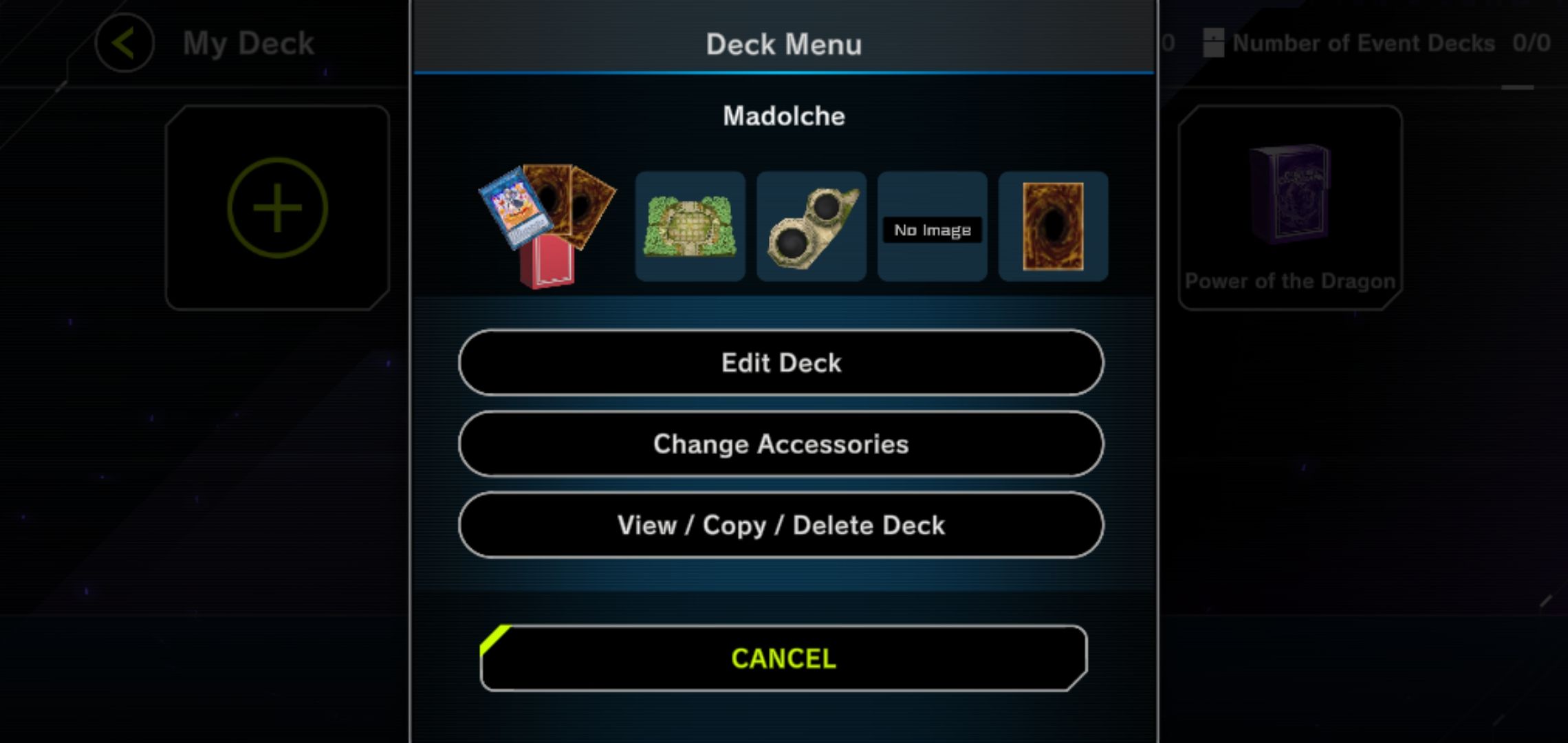Opções do menu do deck ao selecionar um deck salvo