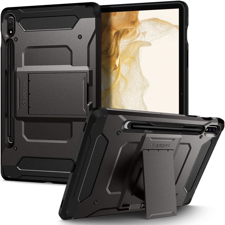 Spigen Tough Armor Pro para Galaxy Tab S8 mostrado no tablet em várias orientações