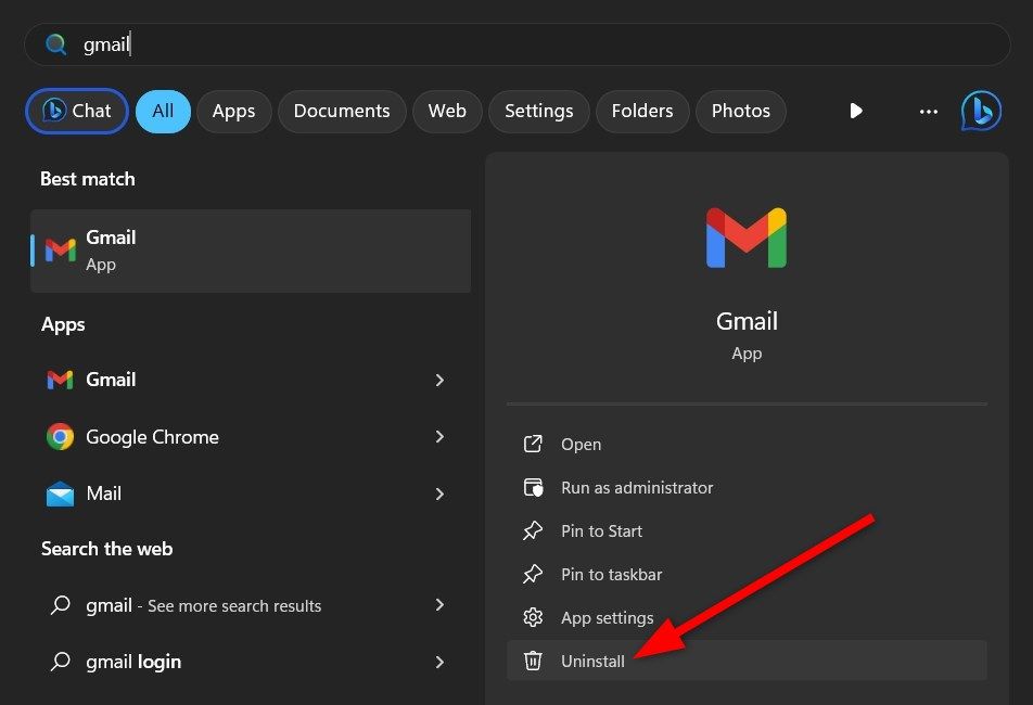 Uma captura de tela mostrando como desinstalar o aplicativo Gmail em um PC com Windows 11