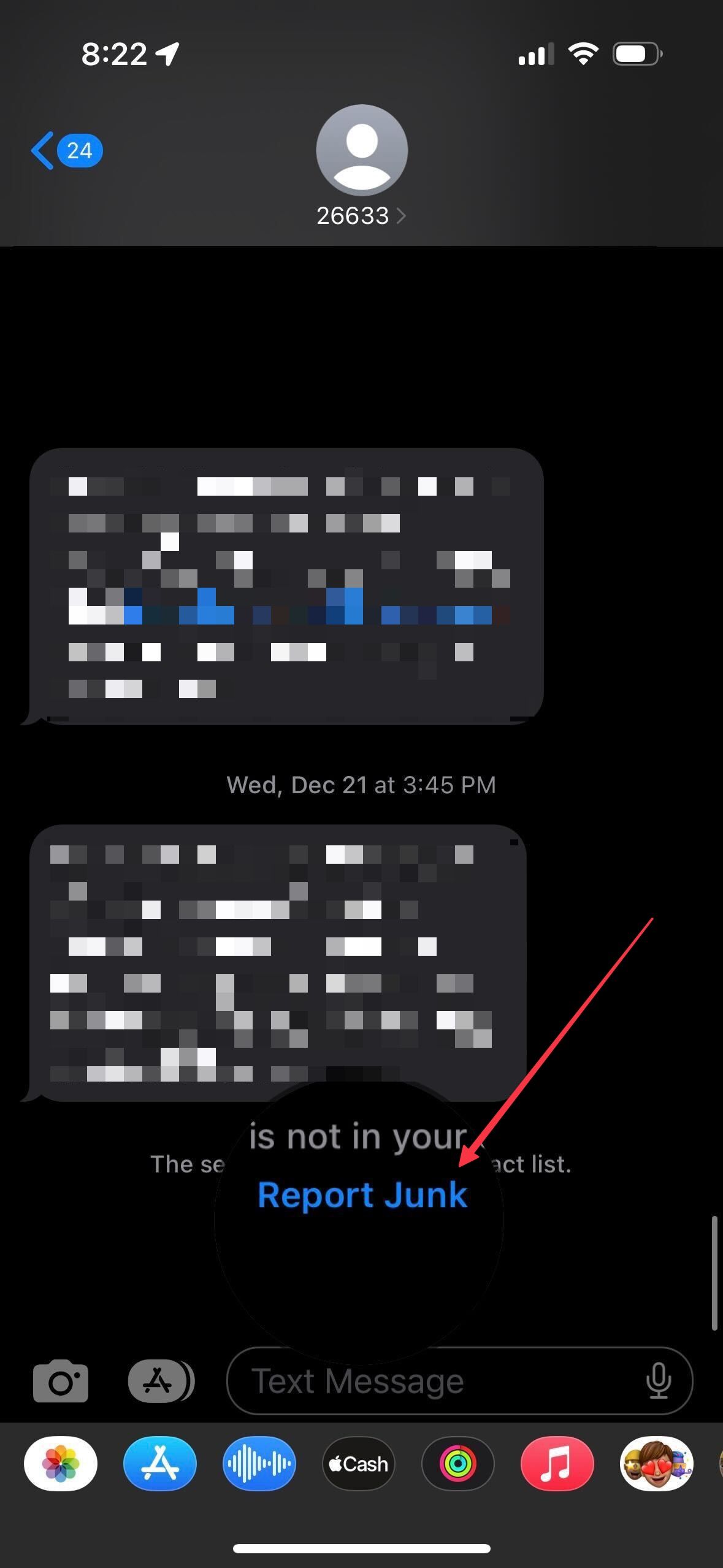 Uma captura de tela mostrando a interface de bate-papo do iMessage, apresentando uma seta direcionada para um botão azul denominado “Adicionar ao lixo eletrônico”, indicando a ação de marcar uma mensagem como indesejada ou spam.