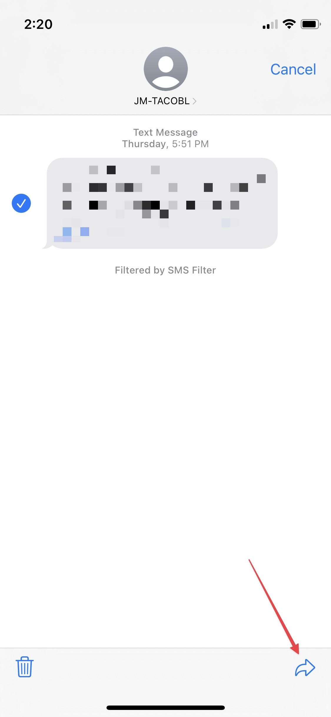Captura de tela da interface de chat do iMessage, onde a opção ‘Encaminhar’ é destacada por uma seta no canto inferior direito da tela, indicando sua localização e funcionalidade para encaminhamento de mensagens.
